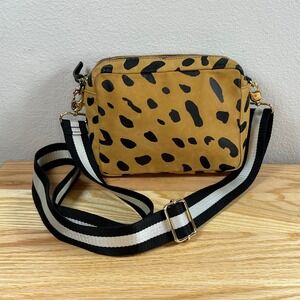 Clare V Midi Sac Leopard Print Nubuck Leather Crossbody Bag Tan Black Strap